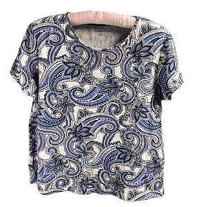 Croft&Barrow Ladies Paisley Short Sleeve Scoop Neck Blue White Size Large